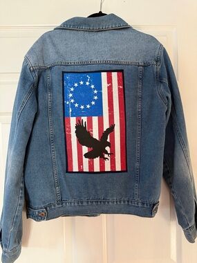 Upcycled Blue Denim Jacket with Large American Eagle on Back and Front Pocket